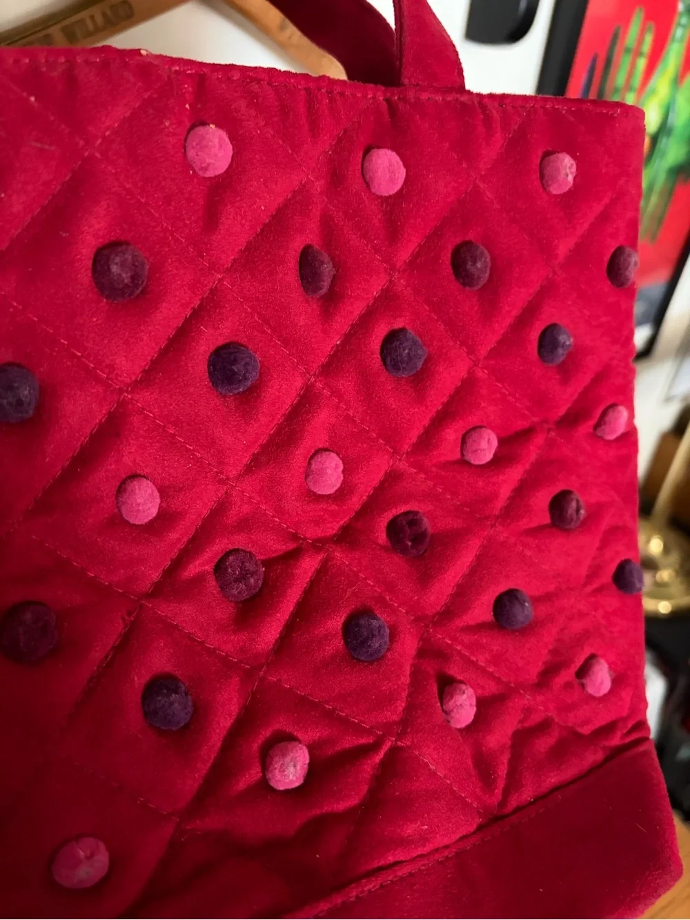 Red Quilted Velvet Pom Pom Dot Tote Bag - Y2K Bath & Body Works